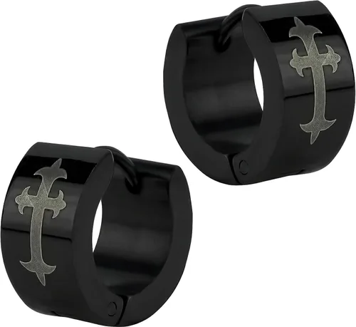 Forbidden Body Jewelry Aretes de aro anchos de acero inoxidable con cruz romana medieval, color negro, semimate, para hombre, Metal