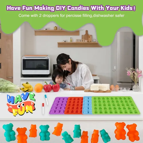 Miniatura 7 de Dos tamaños diferentes de moldes de gomitas de oso, juego de 4 moldes antiadherentes de silicona para chocolate con 2 cuentagotas
