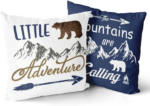 Giwawa Little Adventure - Funda de almohada decorativa cuadrada de 16 x 16 pulgadas, color azul marino, diseño de flecha, fogata, oso, bosque,