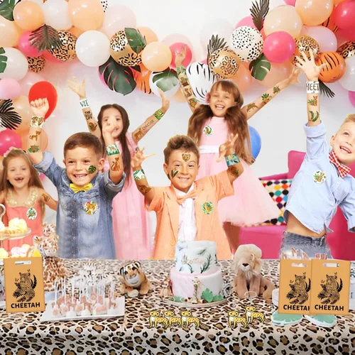 Miniatura 6 de Regalos de fiesta de guepardo, pulseras con temática de guepardo, llaveros, insignia, tatuajes temporales, bolsas de regalo para niños, leopardo