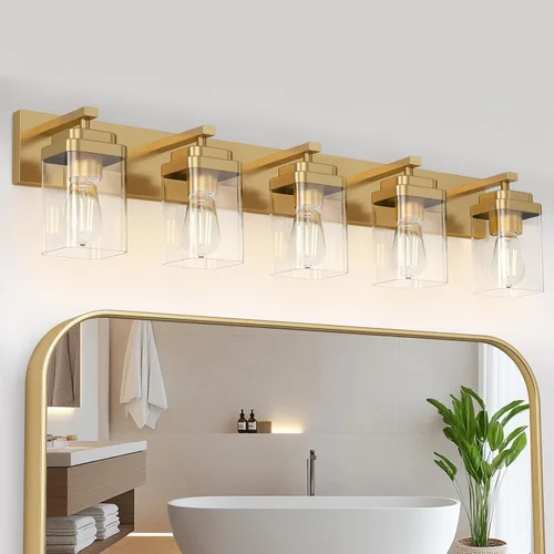 Miniatura 17 de Lámparas de baño de oro cepillado, 4 luces de baño sobre el espejo, diseño cuadrado y placa trasera grande rectangular, accesorios de iluminación
