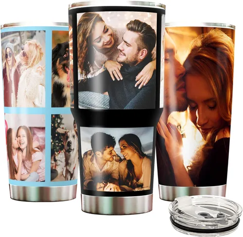 Miniatura 11 de Vaso de fotos personalizado con asa para papá, mamá, familias, taza de viaje de acero inoxidable con impresión de doble cara aislada, imagen