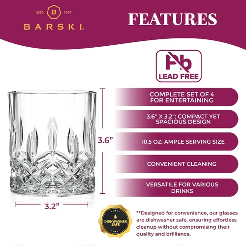 Miniatura 5 de Barski Vasos de whisky con diseño de rocas dobles a la antigua, juego de 2 vasos de cristal DOF, para whisky, bourbon, para agua, bebidas, 10.5