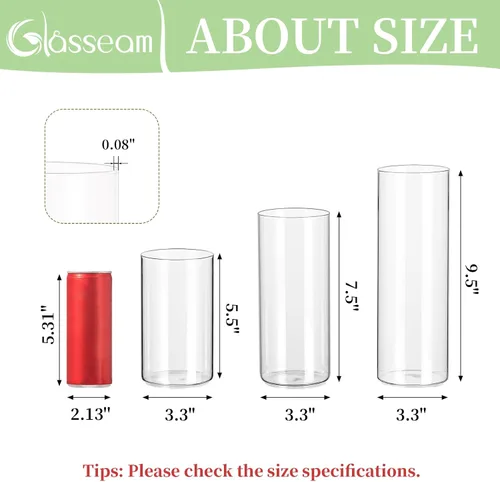 Miniatura 2 de Glasseam Jarrón cilíndrico de vidrio transparente, 6 jarrones de cristal para centros de mesa, pilar moderno de huracán o portavelas flotante