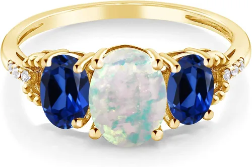 Miniatura 2 de Gem Stone King Anillo de compromiso de oro amarillo de 10 quilates con ópalo blanco de imitación y zafiro azul creado para mujer