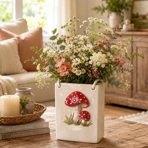Jarrón de flores de 7.16 pulgadas, bonito florero de cerámica con asas, jarrones colgantes nacarados, decoración de casa de campo, maceteros de