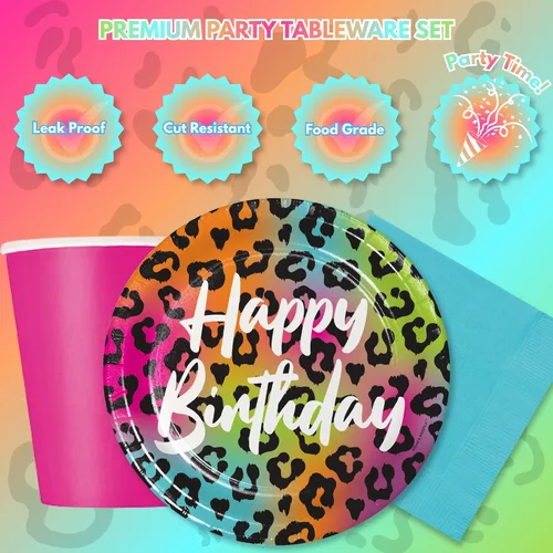 Miniatura 7 de Live It Up! Party Supplies Wild Child Happy Birthday - Platos de postre de papel con estampado de animales, servilletas y tazas de color rosa