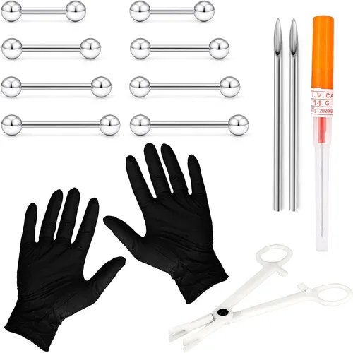 Kit de piercings – Juego de piercings para lengua, pezón y puente, anillos para lengua incluidos Tono-plateado