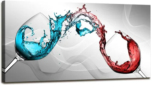 Jiuqinghua Decoración artística de pared grande en lienzo con imagen abstracta de copa de vino tinto, 1 panel, copa de vino azul y tinto, obra de