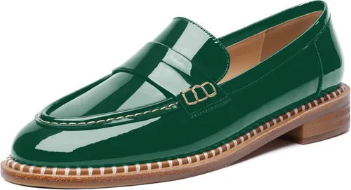 Miniatura 13 de FOGEENA Mocasines de tacón bajo para mujer, estilo casual, puntera redonda, de charol grueso, de 1 pulgada