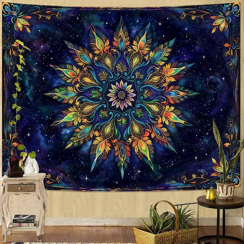 Miniatura 21 de Fowocu Tapiz bohemio con mandala floral para colgar en la pared, medallón de flores bohemias, tapiz estético, beige, naranja, hippie, indio, pequeño