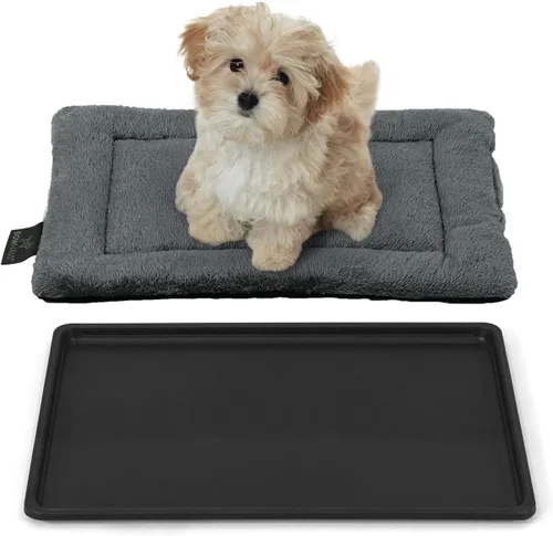 Almohadilla y bandeja lavable a máquina BOWHAUS para jaula de perro de 24 pulgadas, alfombra plana antideslizante y cómoda para dormir y bandeja de