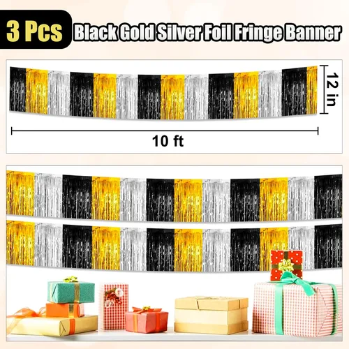 Miniatura 2 de Paquete de 3 guirnaldas de flecos de papel de aluminio negro dorado y plateado de 10 pies, pancarta metálica de oropel para colgar en la pared