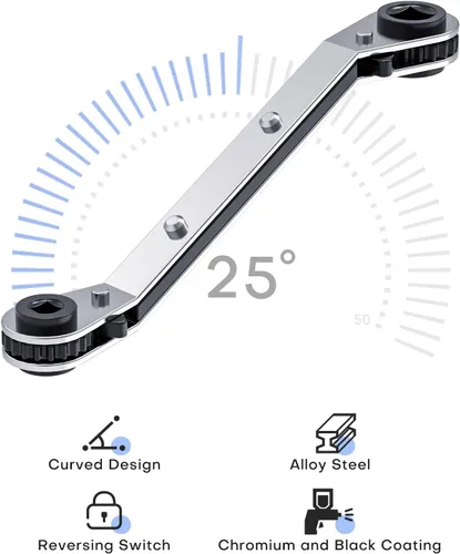 Miniatura 2 de Llave de Servicio HVAC, Llave de Trinquete Curva de Refrigeración 3/8" 1/4" 5/16" 3/16" Herramienta de Trinquete AC Ullnosoo con Adaptador de Boca