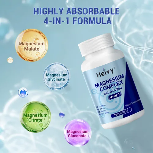 Miniatura 3 de Heivy Complejo de magnesio 4 en 1 con zinc y vitamina D3, 320 mg de magnesio elemental (glicinato/citrato/gluconato/malato), 120 cápsulas
