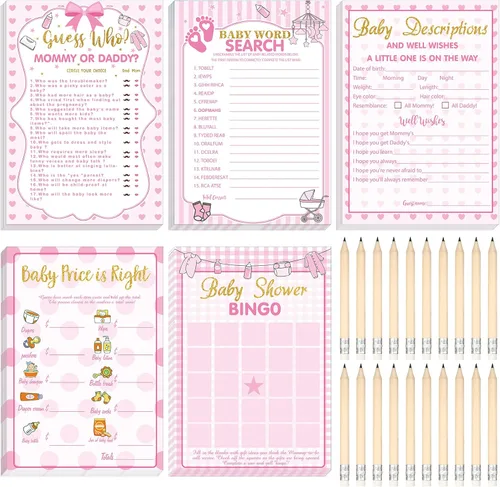 Miniatura 30 de Yinder 145 tarjetas de actividades para juegos de baby shower con 20 lápices, incluye descripción de bingo para bebés y deseos, adivina quién es