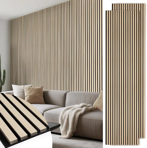 Miniatura 12 de Paneles de pared de listones de madera, paquete de 2 paneles de 106 x 23.6 pulgadas, paneles acústicos de madera para pared, paneles estriados 3D
