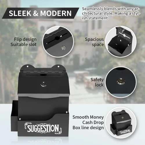 Miniatura 3 de Ydocabinit Caja de sugerencias de metal con letras de sugerencias, montaje en pared y mesa con soporte para bolígrafo con candado, 50 tarjetas