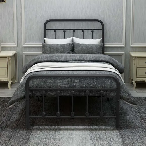 Base de cama individual con cabecera y estribo vintage, plataforma resistente con almacenamiento inferior, soporte de listones de metal, base de