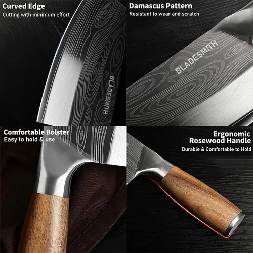 Miniatura 3 de BLADESMITH Cuchillo de carnicero para carne y verduras no congeladas, rebanadora de cocina de chef chino de 7", hoja de acero inoxidable alemán HC