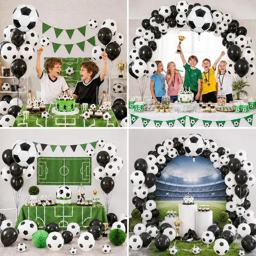 Miniatura 8 de Globos de fútbol, globos de látex blanco y negro de 12 pulgadas con balón de fútbol de 22 pulgadas, globo de aluminio 4D para niños, decoración