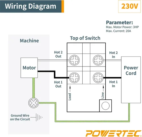 Miniatura 8 de Powertec 120V/230V Interruptor de paleta de voltaje dual con tornillos, 28 amperios, palanca de rodilla para herramientas eléctricas