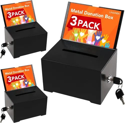Caja de sugerencias con ranura y cerradura, paquete de 3 cajas de donación de metal para recaudación de fondos con soporte para candado y letrero,