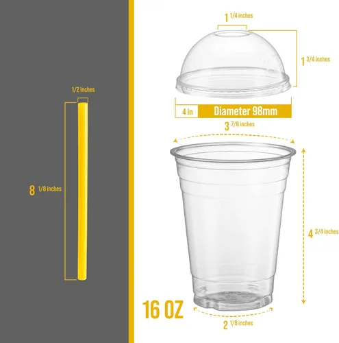Miniatura 6 de Vasos de PET transparentes con tapas de cúpula y pajitas para café helado, batido, bebidas frías, tazas de granizado, batidos, batidos, helado