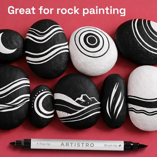 Miniatura 7 de ARTISTRO 5 marcadores de pintura acrílica negra, bolígrafos de pintura de doble punta + pincel fino ideal para caligrafía, perfectos para tela