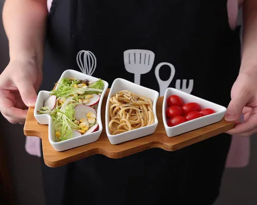 Miniatura 8 de Bandeja de bambú para árbol de Navidad, juego de platos de cerámica con diseño temático de Navidad, cuencos para servir para fiestas, perfectos
