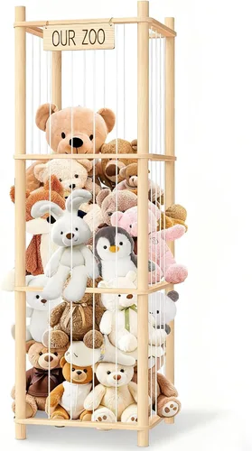 Organizador de exhibición de animales de peluche con estante, diseño de jaula de zoológico de madera para almacenamiento grande de juguetes de
