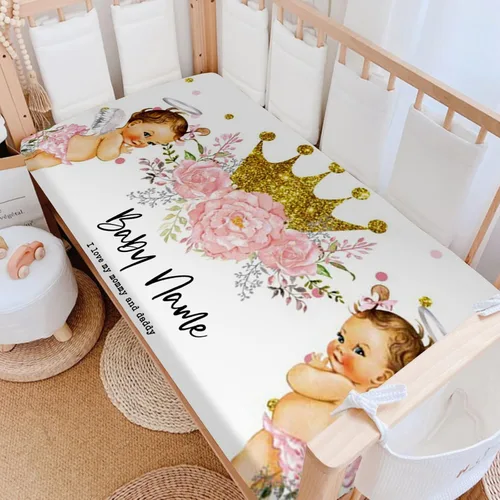 Miniatura 11 de Sábanas personalizadas para cuna para bebé niño y niña, diseño de flor de corona dorada, sábana bajera unisex para cuna para niño, suave como