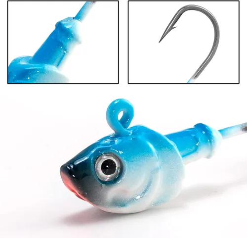 Miniatura 7 de Dr.Fish Paquete de 10 Cabezas de Jig para Swimbait, Cabezas de Jig de Pesca en Agua Salada Ojos 3D Anzuelos de Acero de Alto Carbono Señuelos