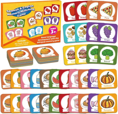 Miniatura 9 de Edulok Juego de tarjetas de memoria, juego de partidos para niños pequeños, aprender español para niños, tarjetas flash bilingües, juguetes