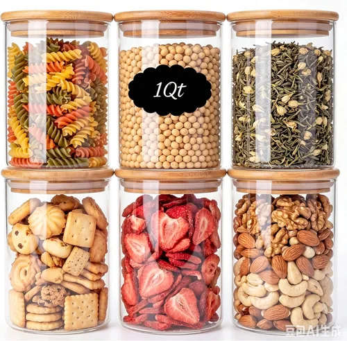 Miniatura 11 de Paquete de 6 tarros de almacenamiento de vidrio redondos pequeños de 0.6 cuartos con tapas de bambú, recipientes de almacenamiento de despensa