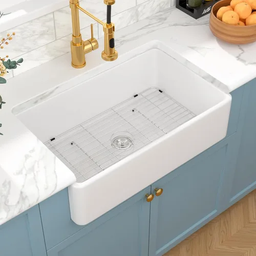 Sarlai - Fregadero de cocina de granja blanco de 33 pulgadas, fregadero de 84 x 51 cm con delantal frontal de cerámica de porcelana vítrea de