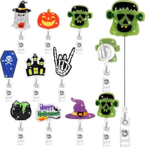 9 piezas de portarretes de insignia de Halloween con purpurina divertida para Halloween, fantasma, calabaza, insignias, retráctiles, lindos carretes
