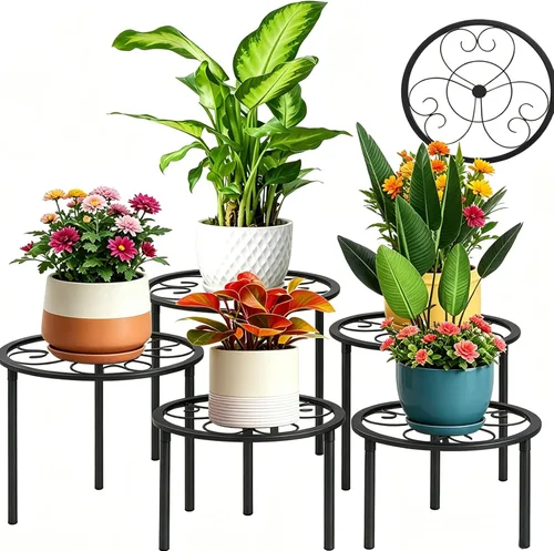 Miniatura 9 de Juego de 5 piezas de estantes de metal para flores, estantes resistentes para plantas de diferentes tamaños, estantes de flores de hierro, adecuados