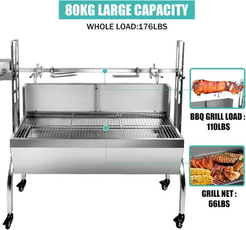 Miniatura 3 de Parrilla eléctrica con espetón de 48.6 pulgadas, soporte para asar cerdo y cordero - Capacidad de 176 libras, altura ajustable, kit de parrilla