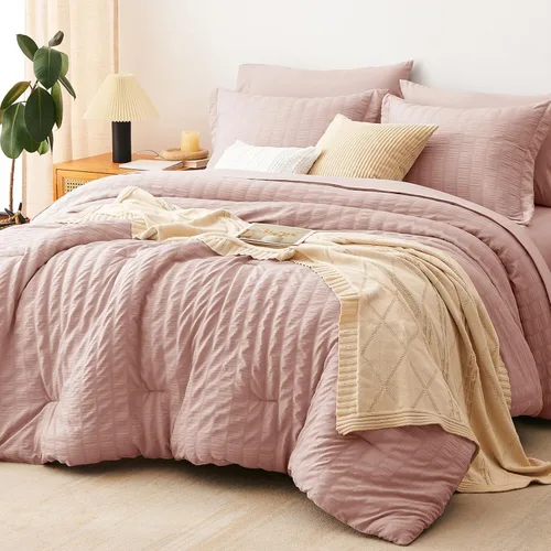 Miniatura 57 de CozyLux Juego de ropa de cama con edredón tamaño King Beige Seersucker de 7 piezas, juego de cama en una bolsa, con edredón, sábanas, fundas