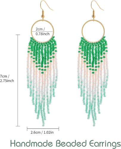 Miniatura 6 de Aretes de borla hechos a mano, aretes de cuentas de semillas, aretes bohemios con flecos para mujeres y niñas