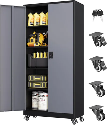 Miniatura 14 de Armario de almacenamiento de metal, archivador alto con 2 estantes ajustables y cajón, gabinete de herramientas de acero con cerradura para oficina