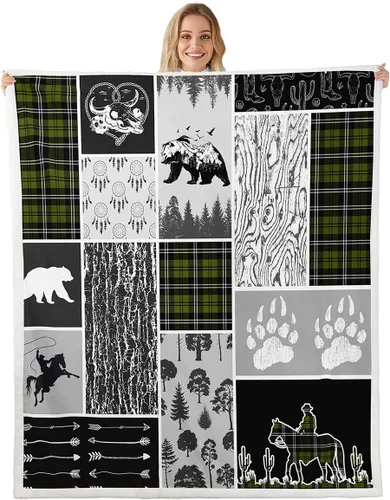 Miniatura 43 de Erosebridal Manta de vellón de animales del bosque, 40 x 50 pulgadas, con temática de caza de osos, ciervos, lobos, manta de felpa mullida