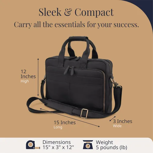 Miniatura 3 de Luxorro Maletín de cuero de grano completo para hombre, bolsa para laptop con compartimento de cuero para computadora Negro