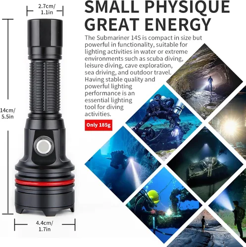 Miniatura 9 de Linterna submarina 14S de 2000 lúmenes con correas de gancho y bucle, 6 modos de linterna de buceo súper brillante, USB-C recargable, IP68 328 pies