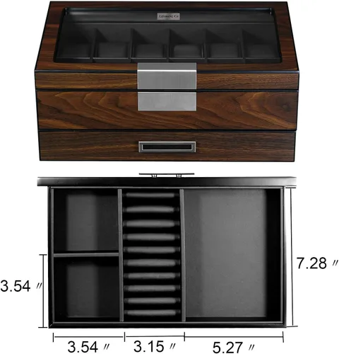 Miniatura 4 de Lifomenz Co Caja de reloj de madera para hombre organizador de joyas con cajón de valet 12 ranuras para reloj organizador de accesorios para hombre