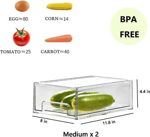 Miniatura 3 de MANO Paquete de 2 cajones transparentes para refrigerador, apilables, organizadores de cajones para refrigerador, caja de almacenamiento