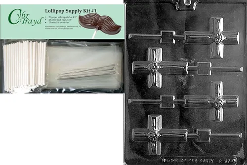 Cybrtrayd Cross Lolly - Molde de chocolate con flores con 25 palitos de paleta, 25 bolsas de violonchelo, 25 lazos giratorios plateados e
