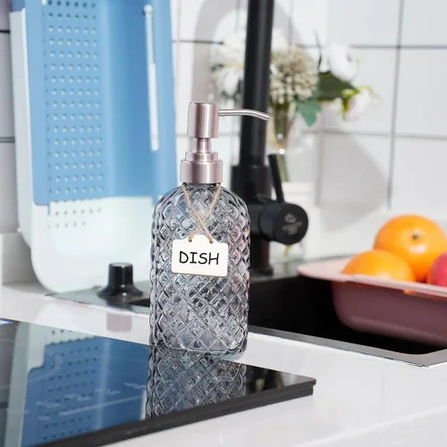 Miniatura 2 de Dispensador de jabón de vidrio para manos y platos de baño y cocina con bomba de acero inoxidable 304 a prueba de óxido (gris)