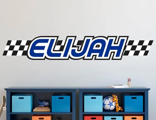 Miniatura 9 de Decoración de habitación de coches para niños, calcomanía de pared con nombre de bandera de carreras, arte de pared personalizado para niños, bebés